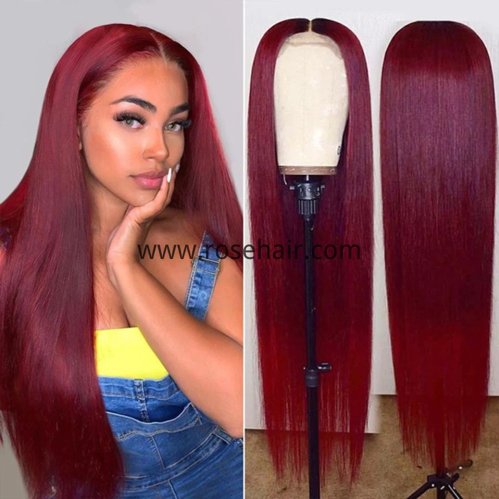 Rose Hair 13x6 HD Lace Frontal Wig Mystery Mulberry Burgundy Silky Straight Hair