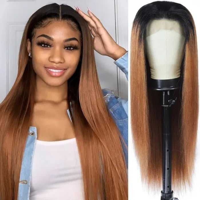 5x5 HD Lace Closure Wig Melted Hairline Dark Roots With Light Auburn Straight Body Wave
