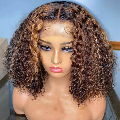 Highlight Deep Curly Wig 4/27 Ombre Honey Blonde Bouncy Curly Transparent Lace Front Human Hair Wigs