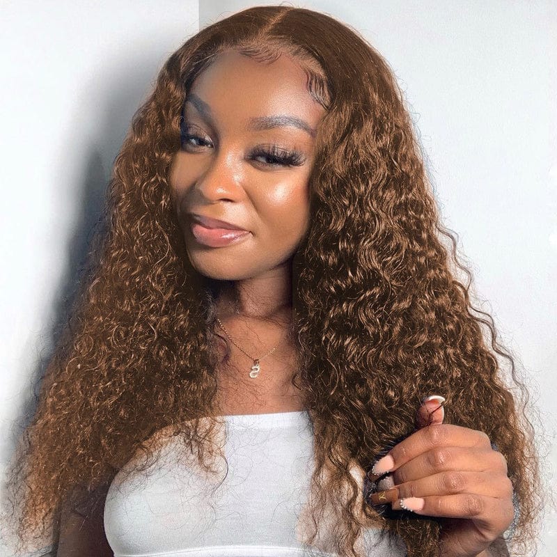 Jerry Curly Chocolate Brown Colored Middle Part 4x4 Lace Closure 150% Density Human Hair Wigs For Women