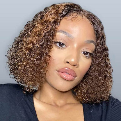 Highlight Deep Curly Wig 4/27 Ombre Honey Blonde Bouncy Curly Transparent Lace Front Human Hair Wigs