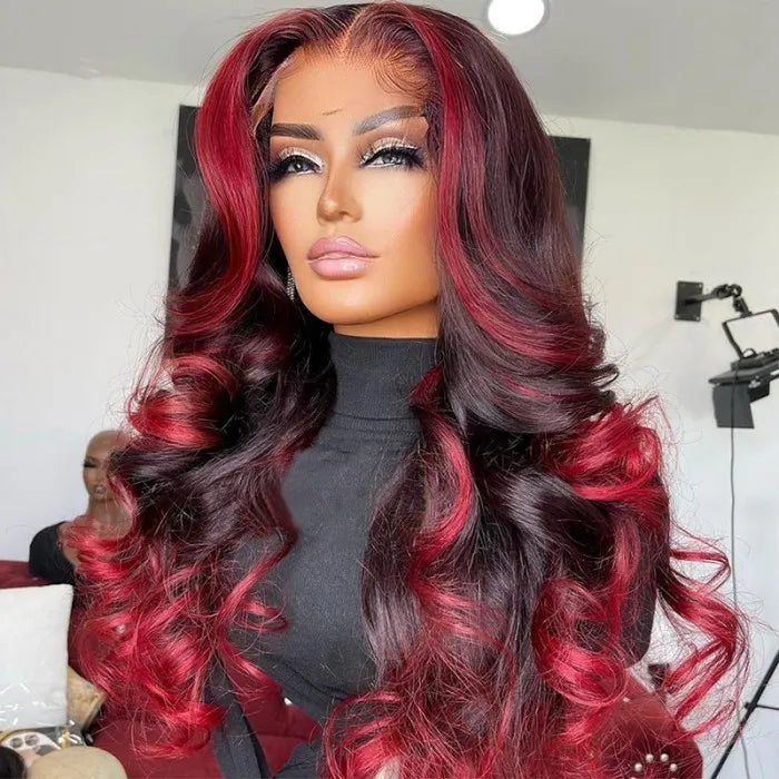 Dark Burgundy With Rose Red Highlights Body Wave 13x4 HD Lace Wigs Free Part Rose Hair