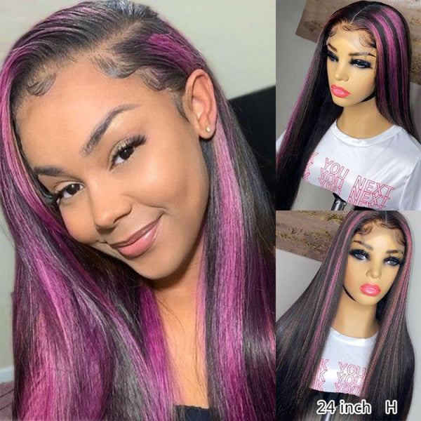 Pink Highlights On Black Hair Straight Hair Wig With Pink Peekaboo