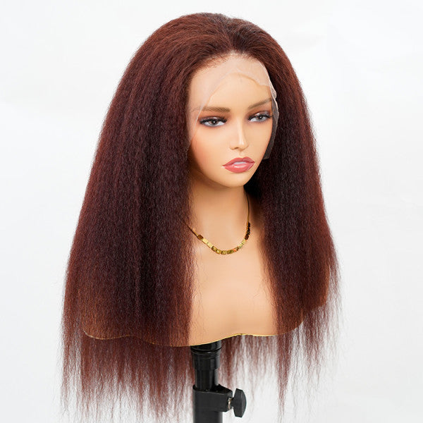 Rose Hair Kinky Straight Reddish Brown Color 13x4 Lace Front Wig With Natural Hairline