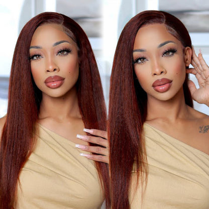 Rose Hair Kinky Straight Reddish Brown Color 13x4 Lace Front Wig With Natural Hairline