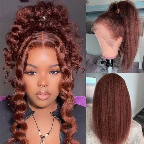 Rose Hair Kinky Straight Reddish Brown 13x6 HD Lace Front Wig Human Hair For Women
