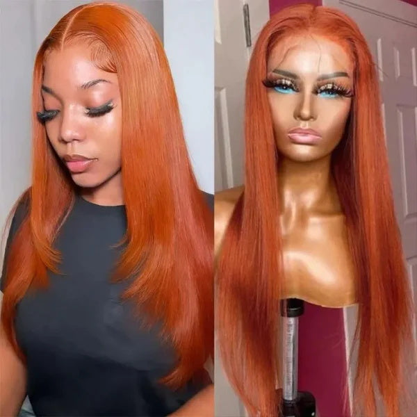 Rose Hair Framing Layered Cut Styled Burnt Orange Color Straight Hair 13x6 Lace Front Wig