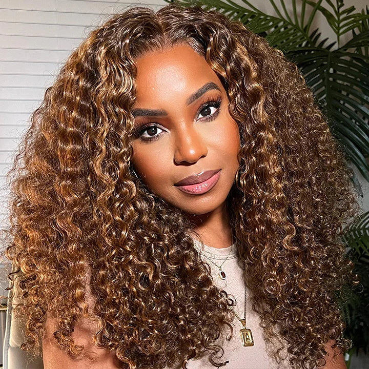 Highlight Piano Color 250% High Density Curly 6x6 HD Lace Closure Wig Highlight Brown And Blonde Human Hair Wigs