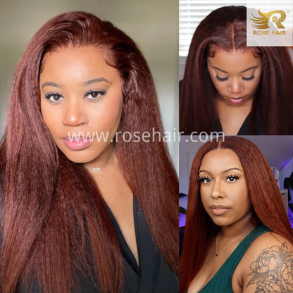 Rose Hair Kinky Straight Reddish Brown 13x6 HD Lace Front Wig Human Hair For Women