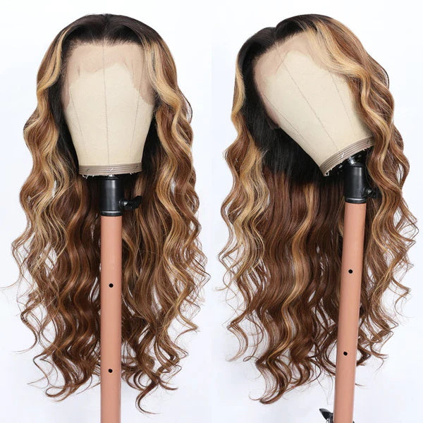 Rose Hair Loose Wave 13x6 HD Lace Front Wig Ombre Brown Highlight Color Flash Sale