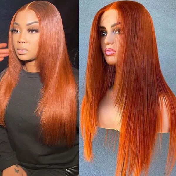 Rose Hair Framing Layered Cut Styled Burnt Orange Color Straight Hair 13x6 Lace Front Wig