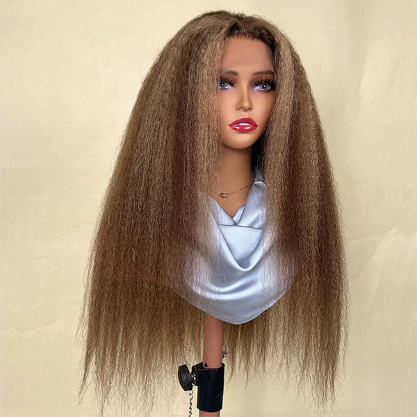 Rose Hair Honey Blonde Highlight Kinky Straight 13x4 Lace Front Wig With Baby Hair Pre Plucked 100% Virgin Human Hair