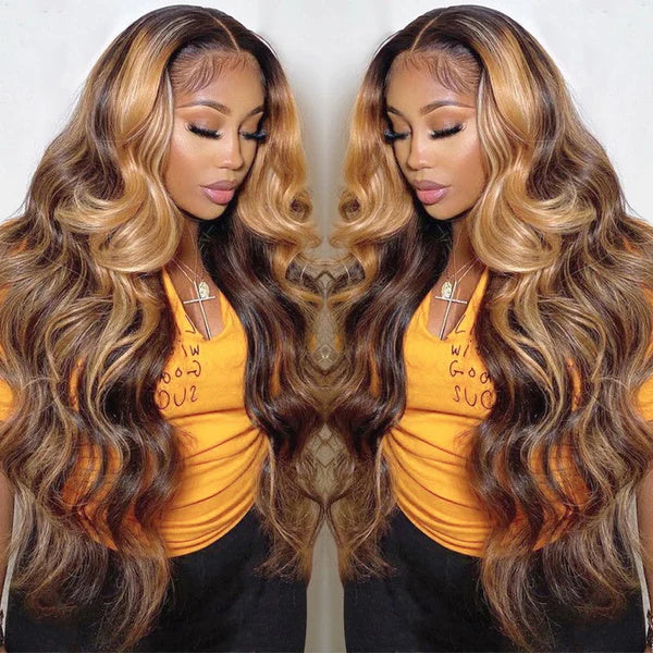 Rose Hair Loose Wave 13x6 HD Lace Front Wig Ombre Brown Highlight Color Flash Sale