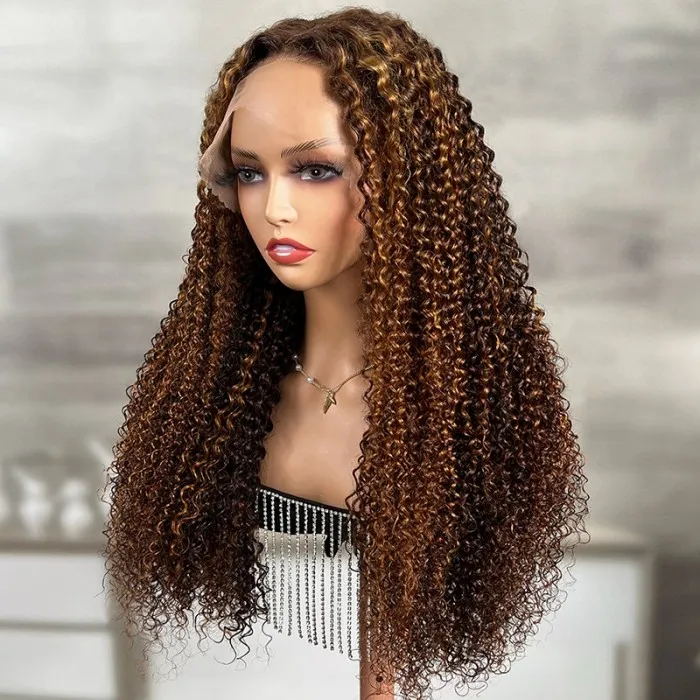 Highlight Piano Color 250% High Density Curly 6x6 HD Lace Closure Wig Highlight Brown And Blonde Human Hair Wigs