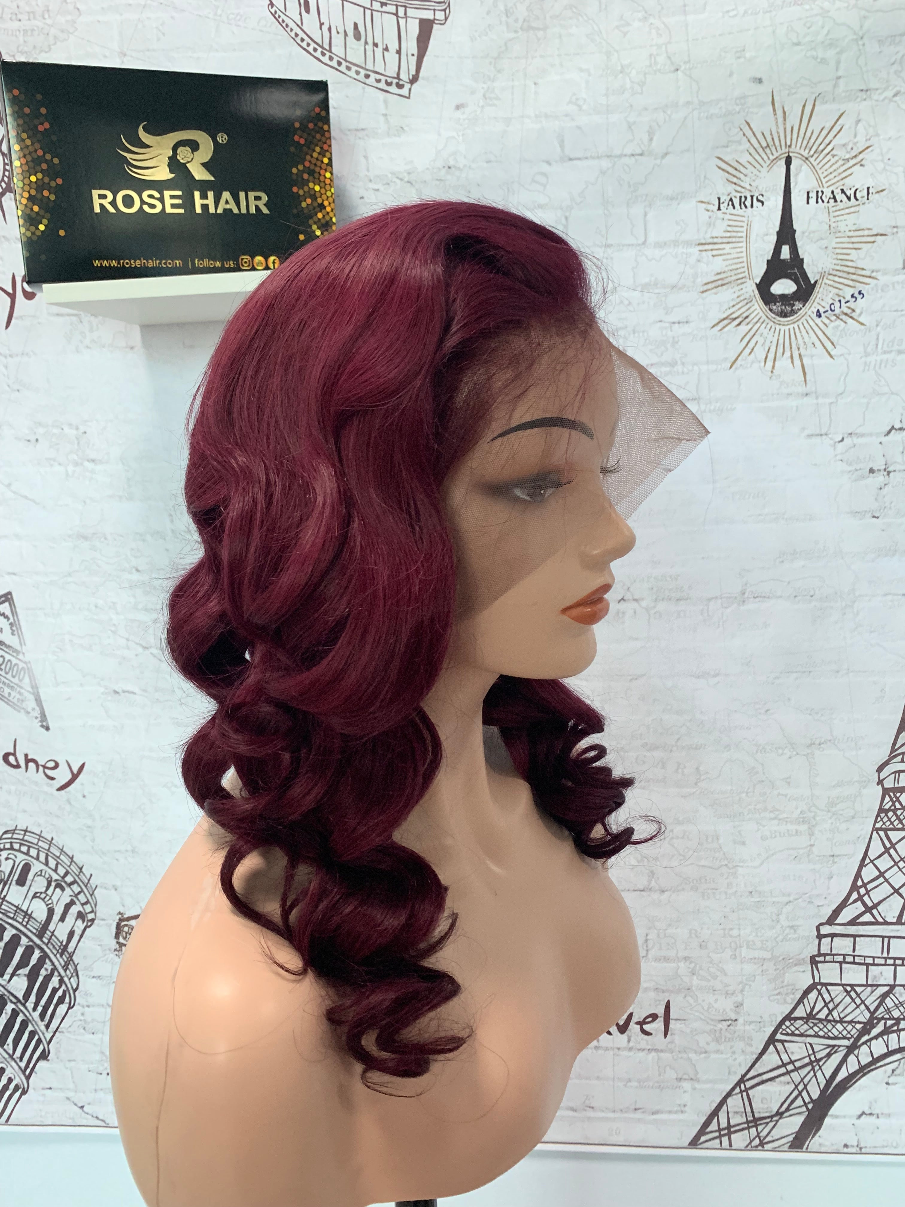 Rose Hair Human Virgin Hair Burgundy Color Hair Lace Frontal Loose Wave Wig - Rose Hair
