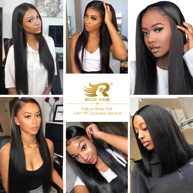 10A Grade Straight Pre Plucked 13x4 Ear to Ear Lace Frontal with 3 Bundles Best Brazilian Virgin Hair - Rose Hair