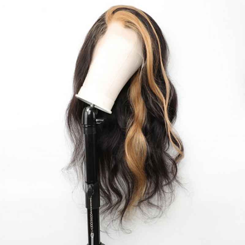 Skunk Stripe Hair Natural Body Wave Black Wig With Honey Blonde Highlights Lace Front Wigs(Tiktok Trend Hair)