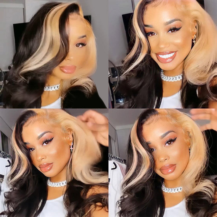 Skunk Stripe Hair Natural Body Wave Black Wig With Honey Blonde Highlights Lace Front Wigs(Tiktok Trend Hair)