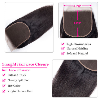1PCS Brazilian Virgin 6x6 Straight Hair Light Brown/Transparent Lace Closure New Arrival - Rose Hair