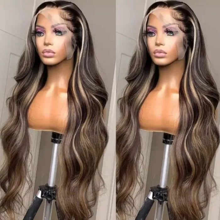 Chocolate Brown With Peek A Boo Blonde Highlights 13x4 Lace Front Loose Wave Wig