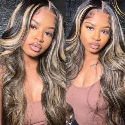 Chocolate Brown With Peek A Boo Blonde Highlights 13x4 Lace Front Loose Wave Wig