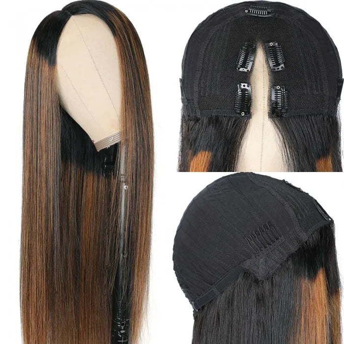 Glueless Straight V Part Wig Balayage Highlights Beginner Friendly Upgrade U Part Wig