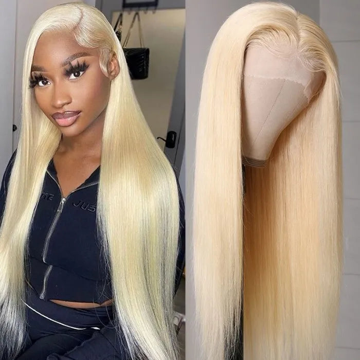 100% Human Virgin Hair Long 613 Blonde Straight 13x4 Lace Frontal Wig 180% Density